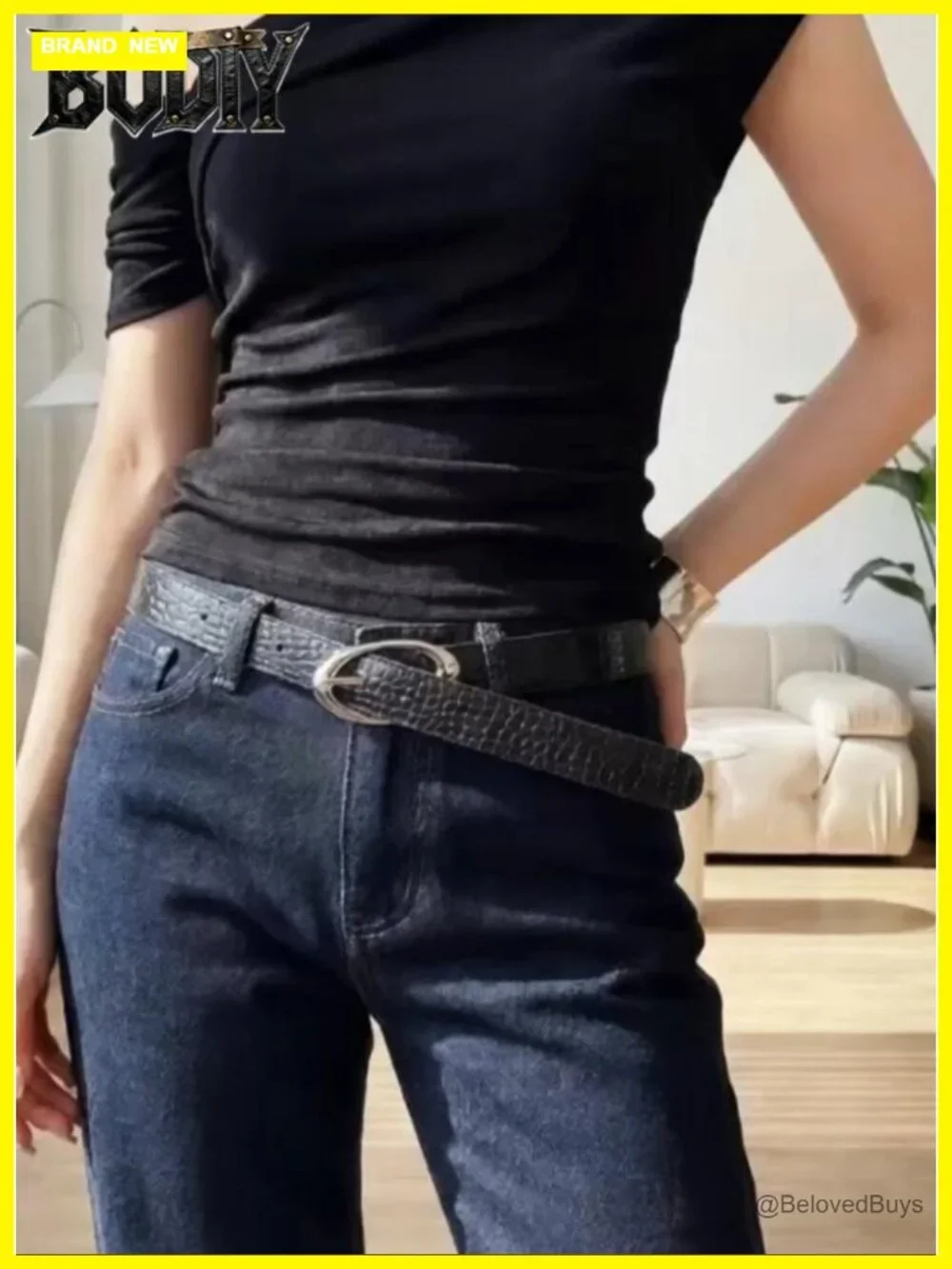 Vintage Black Waist Belt Crocodile Pattern PU Leather Y2K Belt for Women